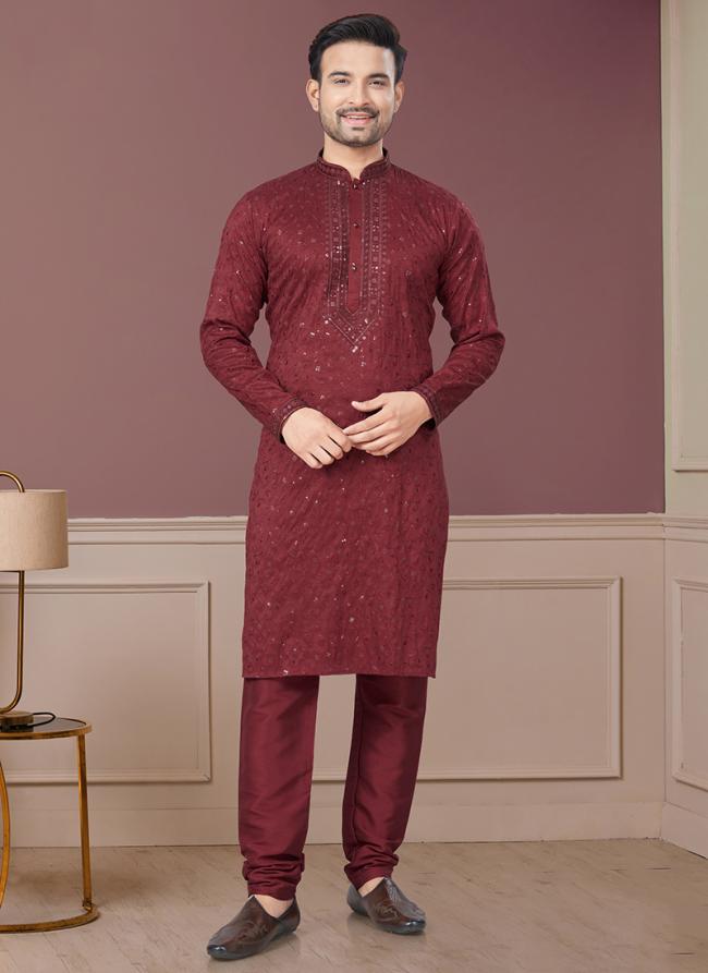 Pure Silk Maroon Ceremonial Wear Embroidery Work Readymade Kurta Pajama